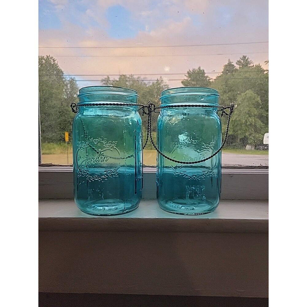 2 Vintage Style JARDIN BLUE MASON JAR WITH Handle Quart